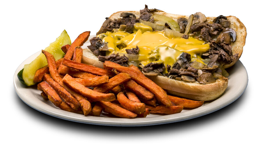 <p>Sliced sirloin, grilled mushrooms, onions, topped with American cheese on a sub bun.</p>