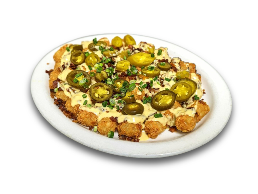 <p>One pound of golden tots topped w/ TSB Bar Cheese, chopped bacon, jalapenos & green onions. Served with a side of ranch.</p>